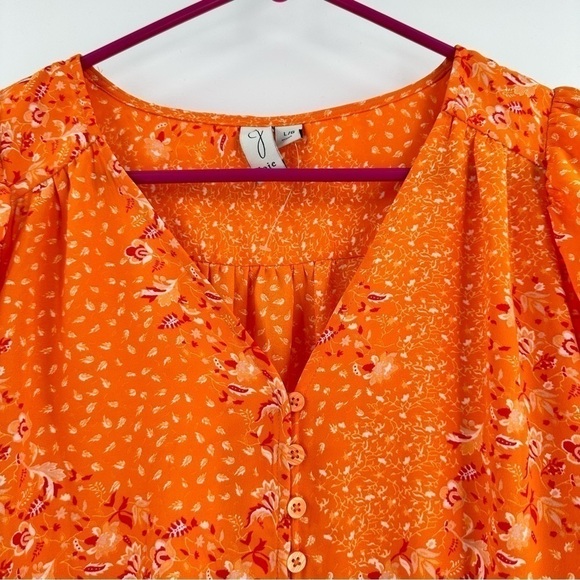 JOIE Women’s V-Neck Orange/Pink Floral Balloon Sleeve Crop Top w/Tie Size Large - Picture 5 of 14